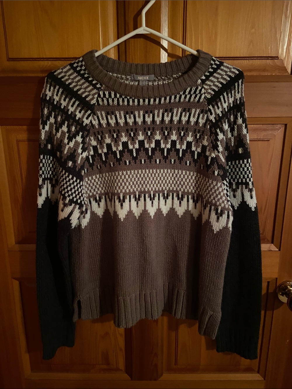 Mexx Women's Brown Fair Isle Crewneck Sweater with Black & Cream Pattern